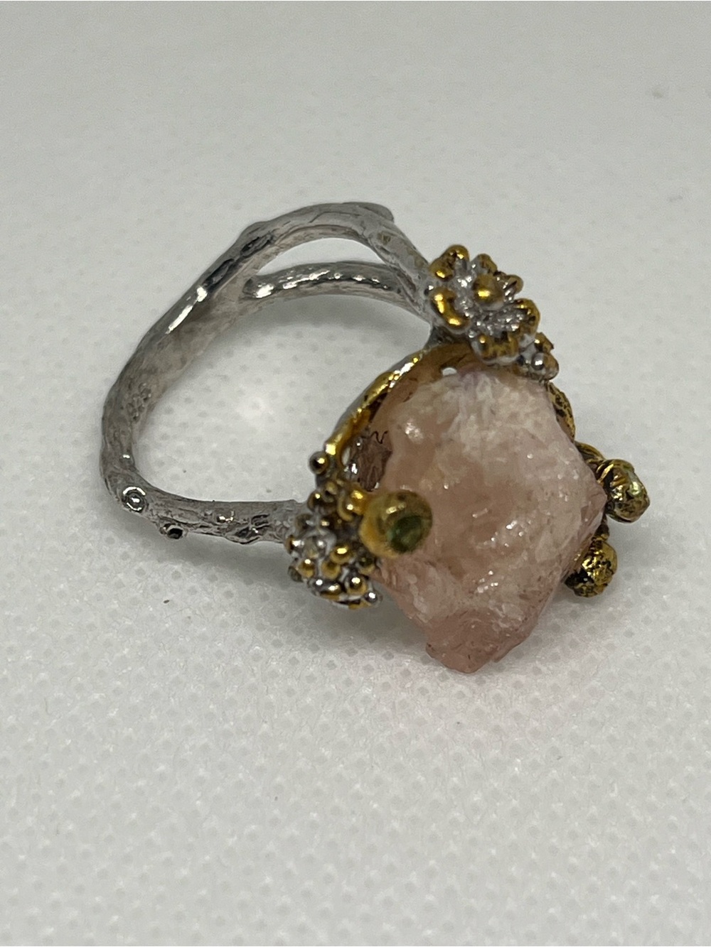 Handcrafted Rose Quartz Raw Stone Ring in Silver and Gold Sterling Silver
